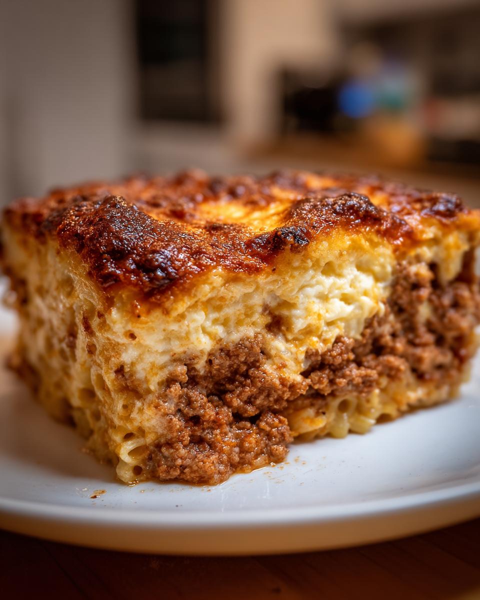 Nahaufnahme eines saftigen Stücks Griechischer Nudelauflauf mit Hackfleischfüllung und goldbrauner Béchamelschicht.