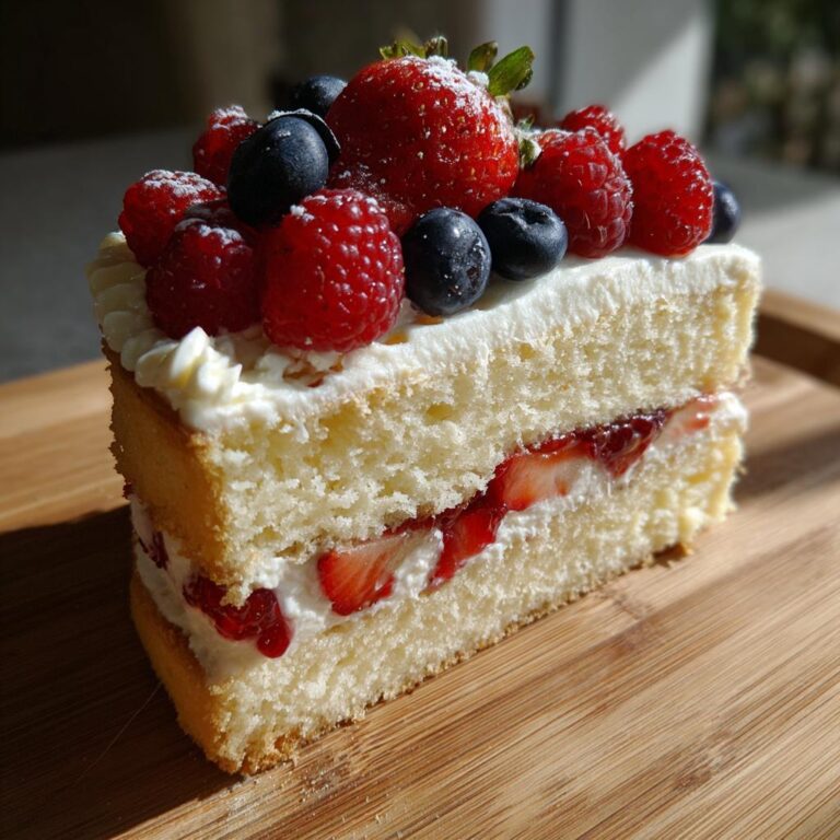 Nahaufnahme eines Stücks Hochzeitstorten mit Früchten, gefüllt mit Sahne und Erdbeeren, belegt mit frischen Beeren.