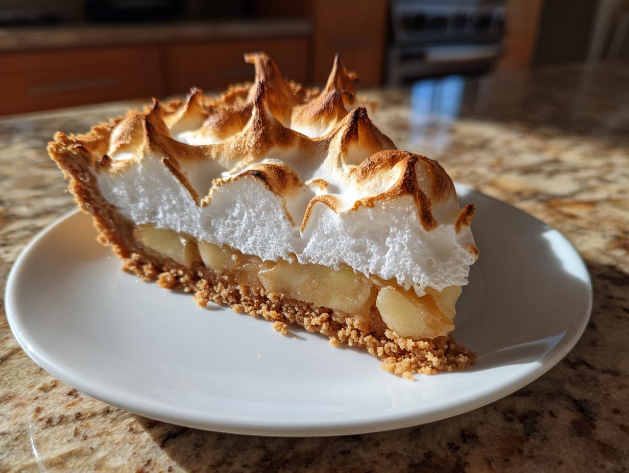 Nahaufnahme eines Stücks Nach diesem Apfel-Baiser-Torte mit knusprigem Boden, Apfelfüllung und hoch aufgetürmtem, gebräuntem Baiser.