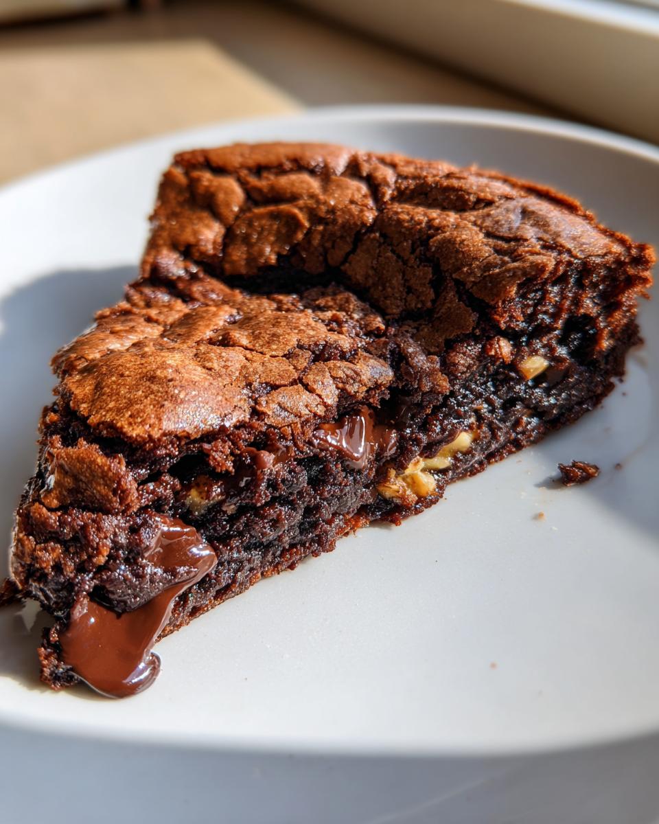 Ein Stück eines sehr großen, saftigen Schokokekses mit flüssiger Schokolade und Nüssen auf einem weißen Teller.
