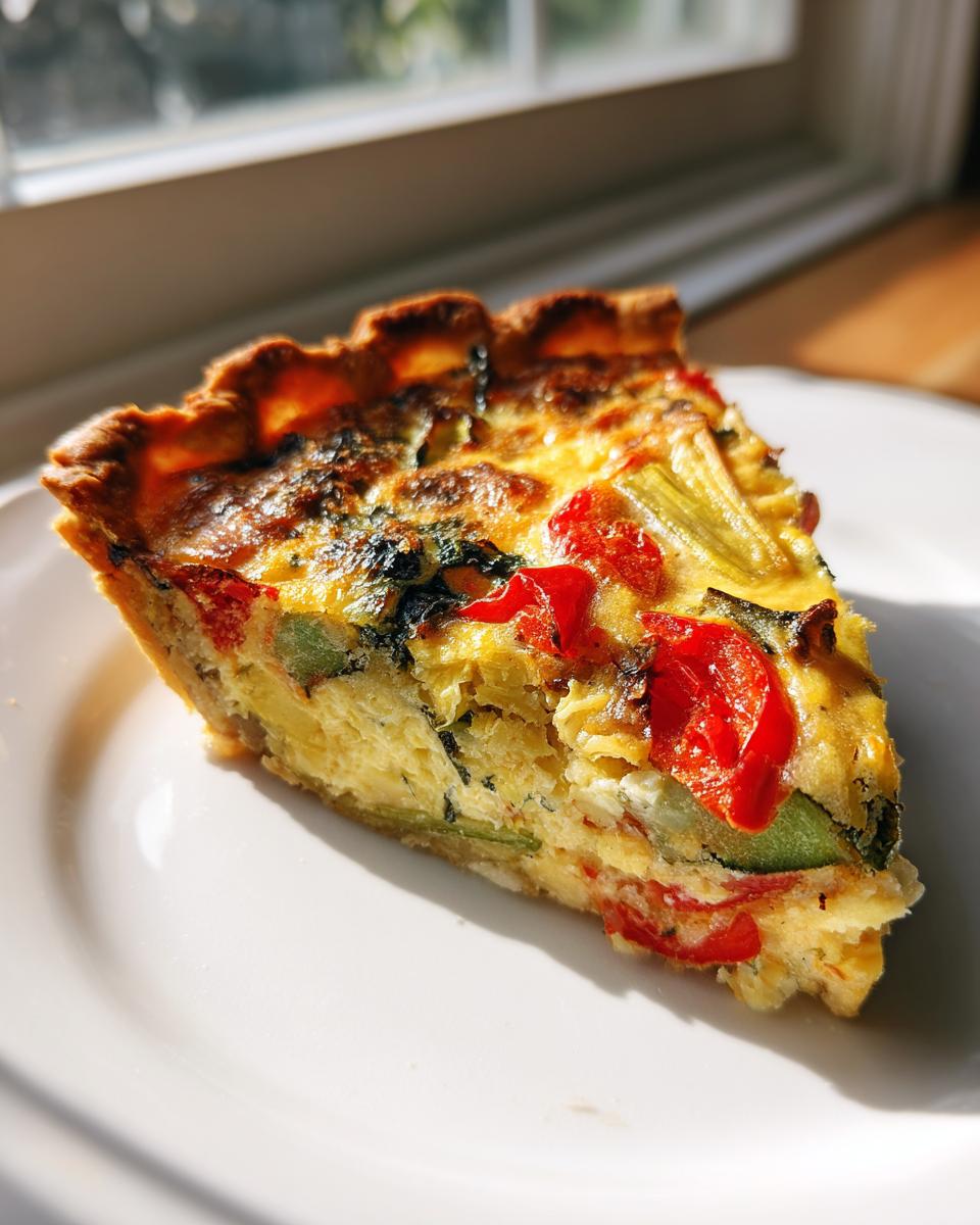 Nahaufnahme eines Stücks Schnelle Gemüse-Quiche mit goldbraunem Rand, gefüllt mit Ei, roten Tomaten und grünem Gemüse.