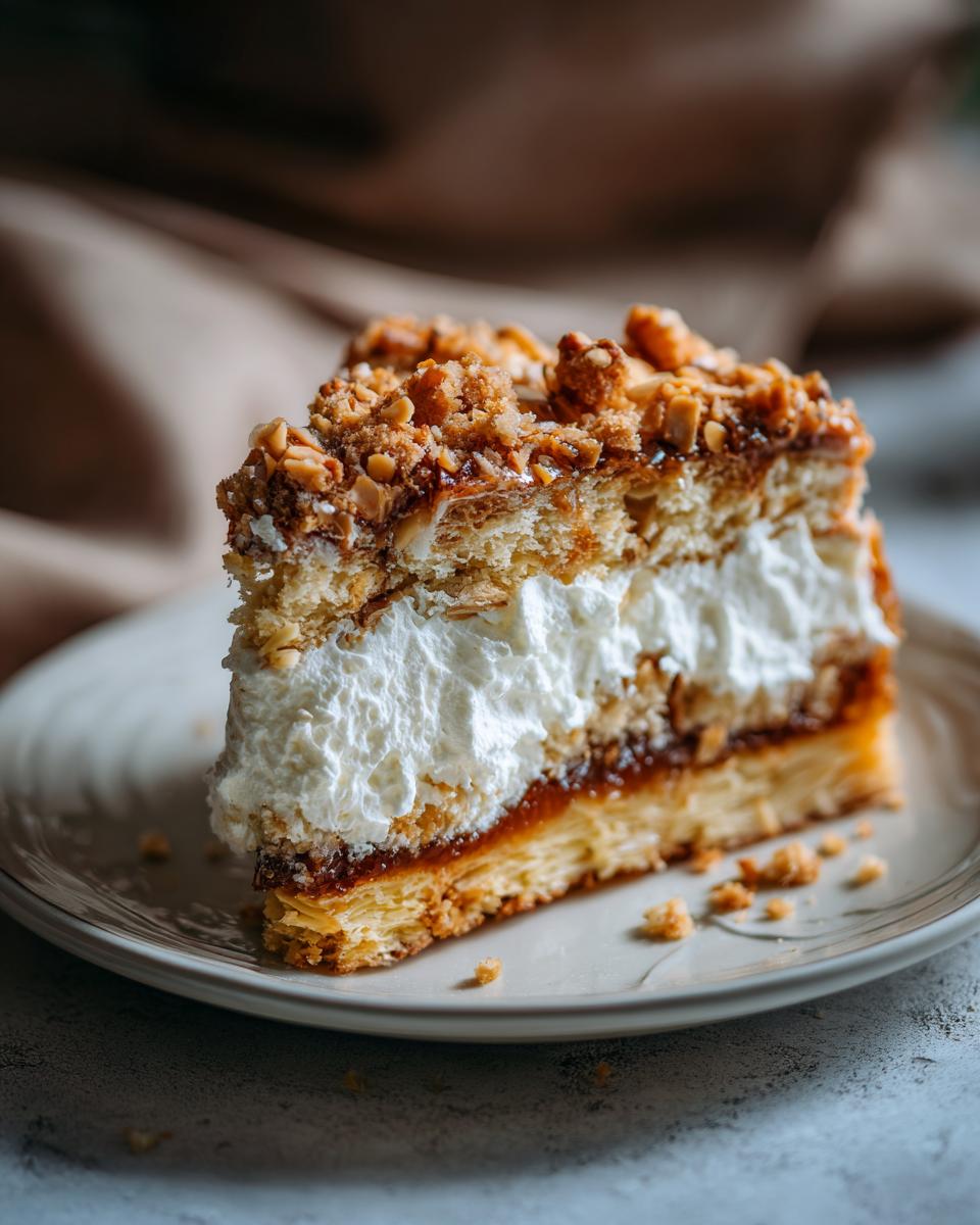 Nahaufnahme eines Stücks Schneller Bienenstich Rezept mit dicker Sahnefüllung und karamellisierten Nüssen.