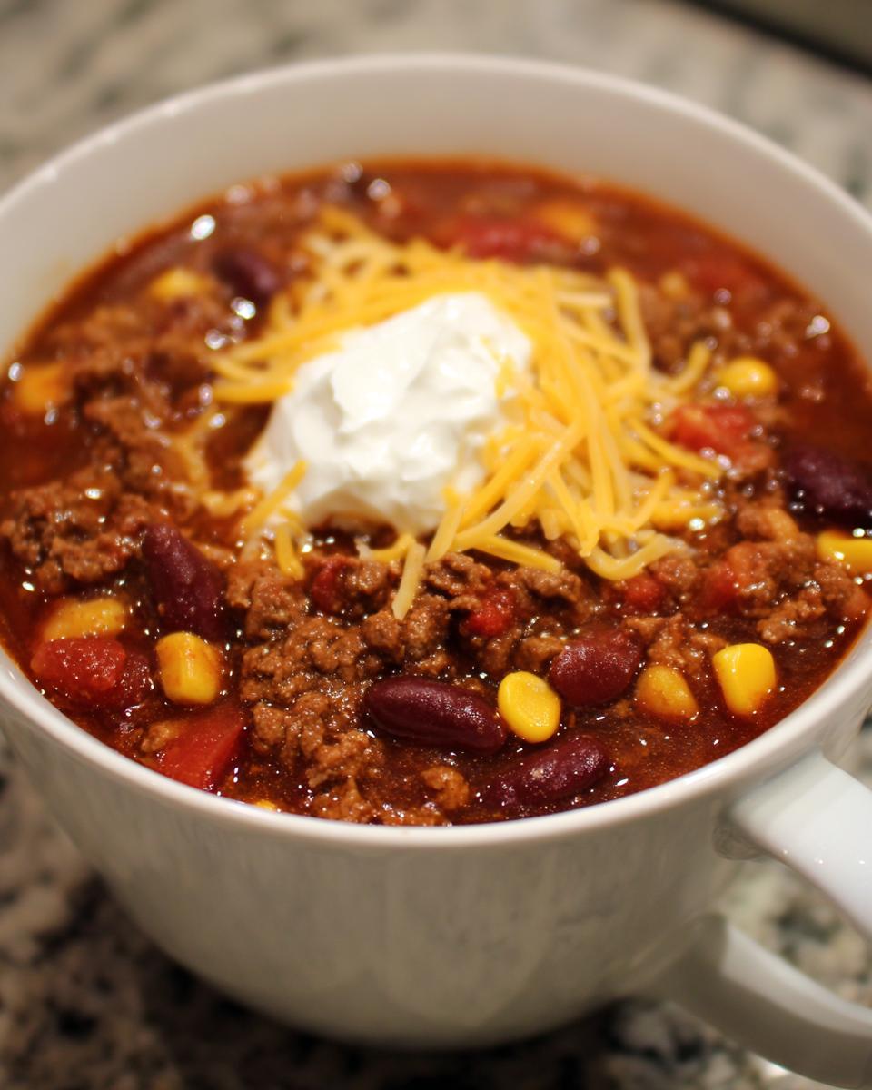 Nahaufnahme einer Schüssel mit herzhafter Taco-Suppe, garniert mit saurer Sahne, geriebenem Käse, Kidneybohnen und Mais.