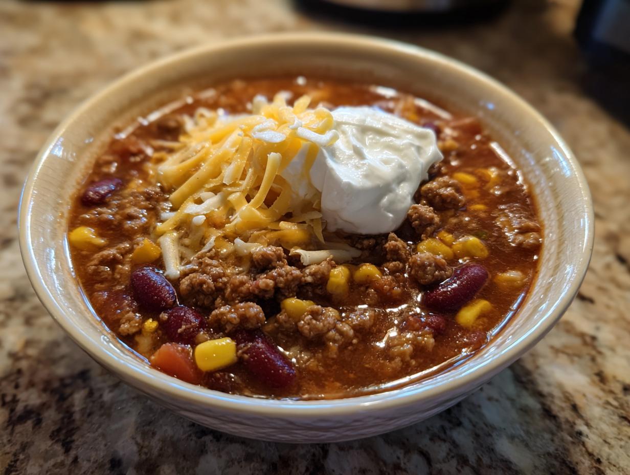 Eine Schüssel mit reichhaltiger Taco-Suppe, garniert mit Hackfleisch, Bohnen, Mais, Käse und einem Klecks saurer Sahne.