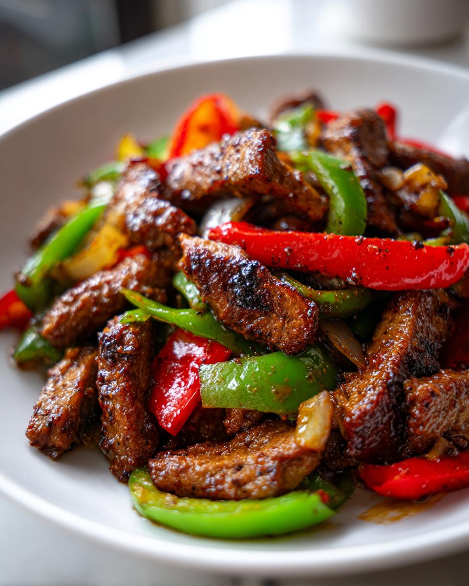 Nahaufnahme von scharf gewürztem Teufelsfleisch, gebraten mit roten und grünen Paprikastreifen.