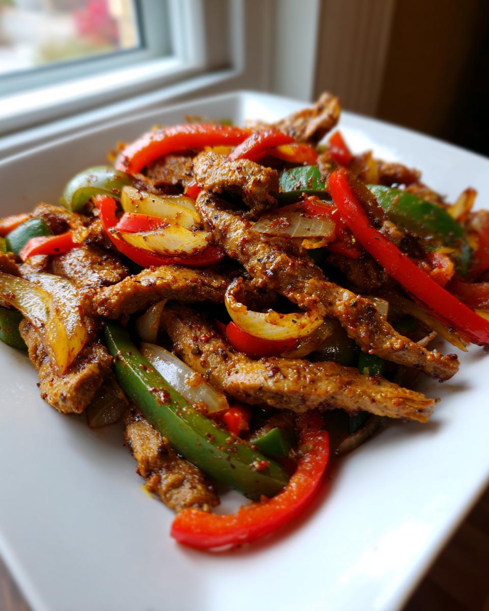 Nahaufnahme von scharf gewürztem Teufelsfleisch mit Streifen von roter und grüner Paprika sowie Zwiebeln auf einem weißen Teller.