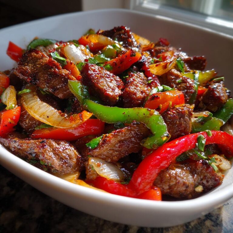 Nahaufnahme von scharf gewürztem Teufelsfleisch mit gebratenen Paprikastreifen und Zwiebeln in einer weißen Schüssel.