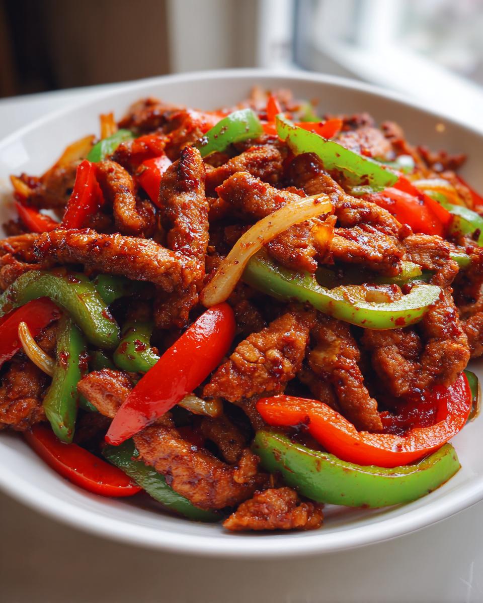 Nahaufnahme von scharfem Teufelsfleisch mit roten und grünen Paprikastreifen in einer weißen Schüssel.