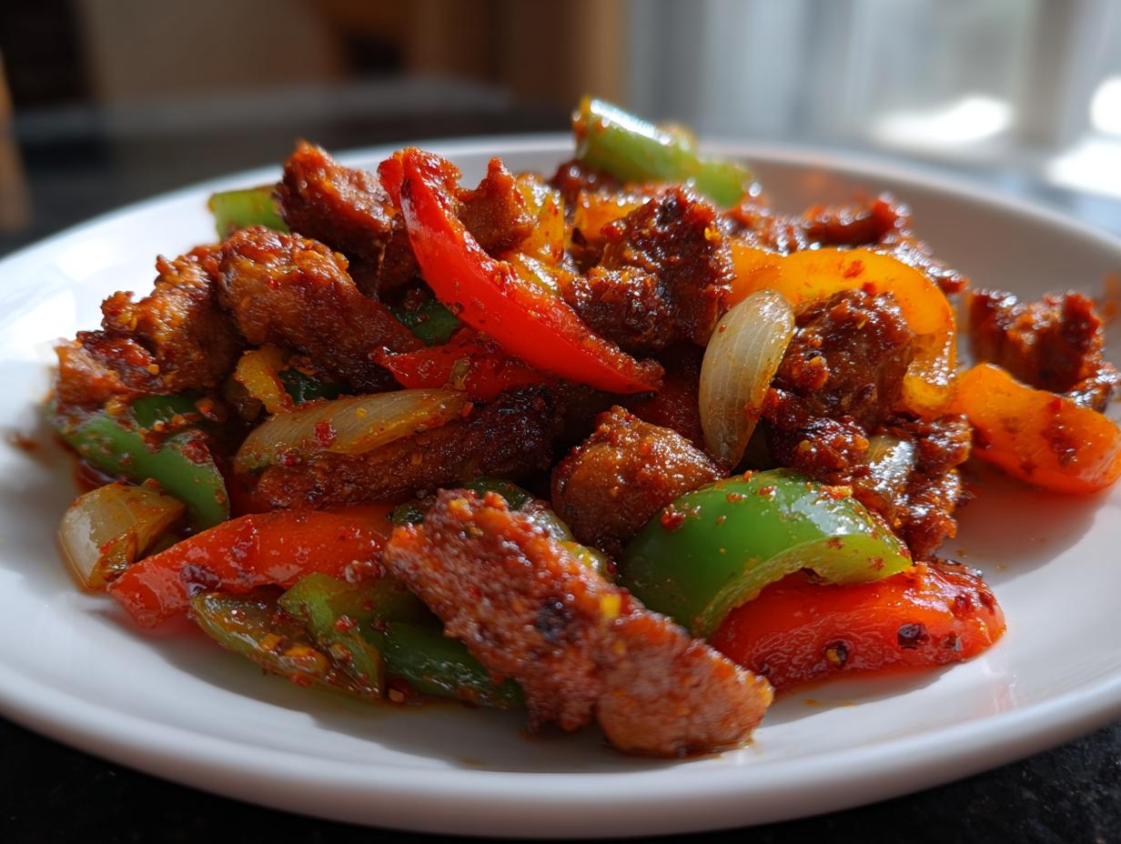 Nahaufnahme von scharf gewürztem Teufelsfleisch mit bunten Paprikastreifen und Zwiebeln auf einem weißen Teller.