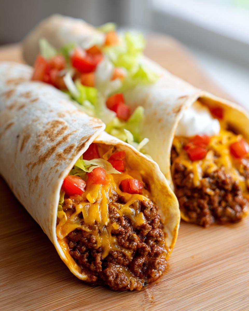 Zwei gefüllte Tortillas mit Hackfleisch, Käse, Tomaten und Salat, die so lecker aussehen.