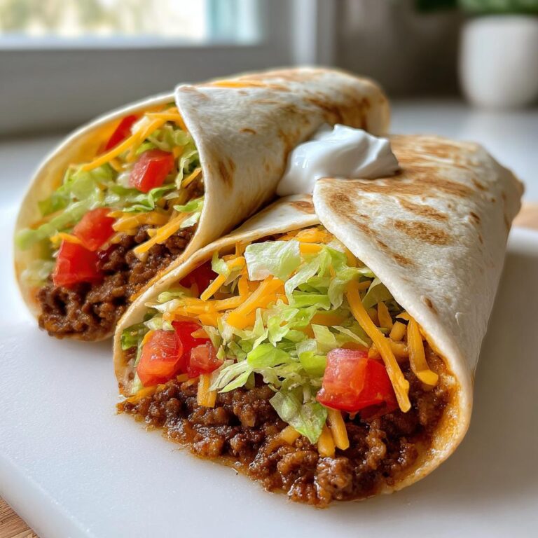 Zwei gefüllte Tortillas mit Hackfleisch, Salat, Käse und einem Klecks saurer Sahne. Tortilla mit Hackfleisch schmeckt so lecker.