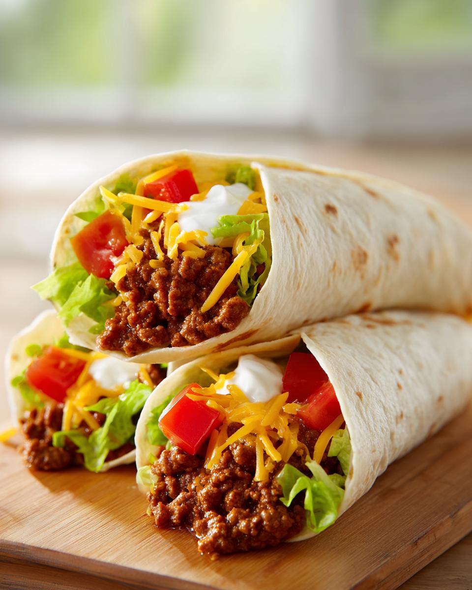 Drei gefüllte Tortillas mit Hackfleisch, Salat, Käse, Tomaten und saurer Sahne, die so lecker sind.