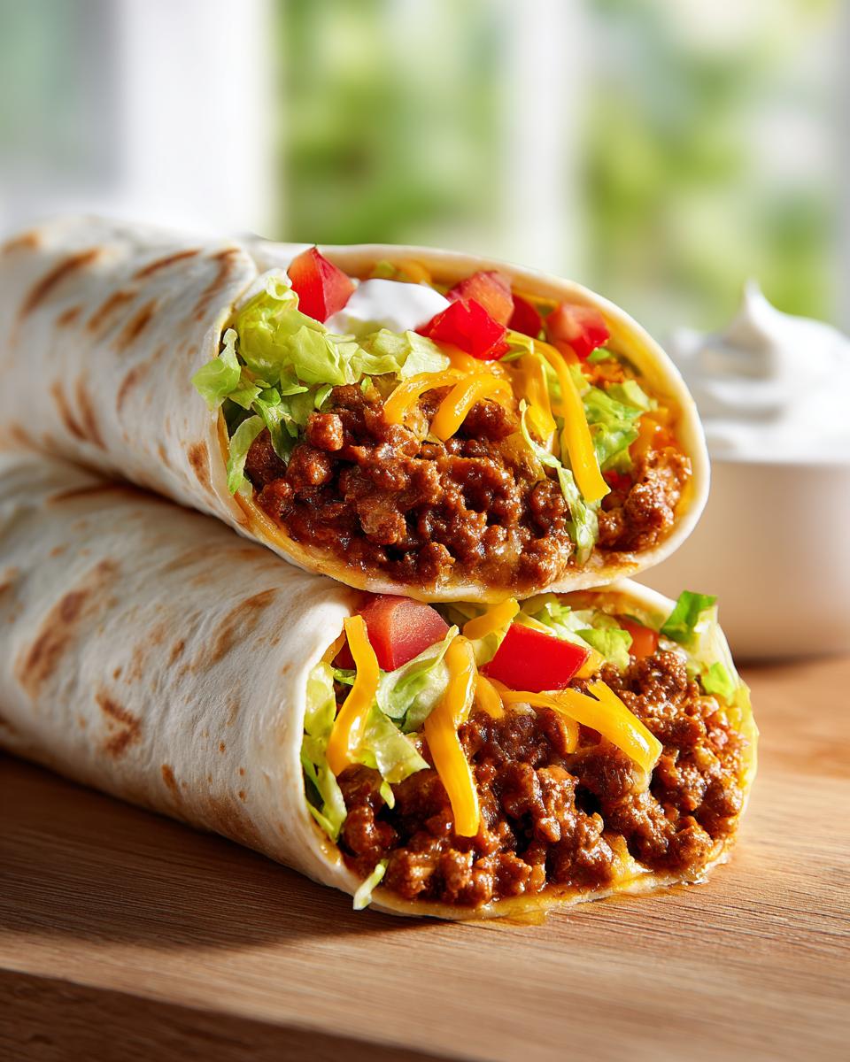 Zwei gestapelte Tortillas mit Hackfleisch, Salat, Käse und Tomaten, die zeigen, wie lecker Tortilla mit Hackfleisch schmeckt.