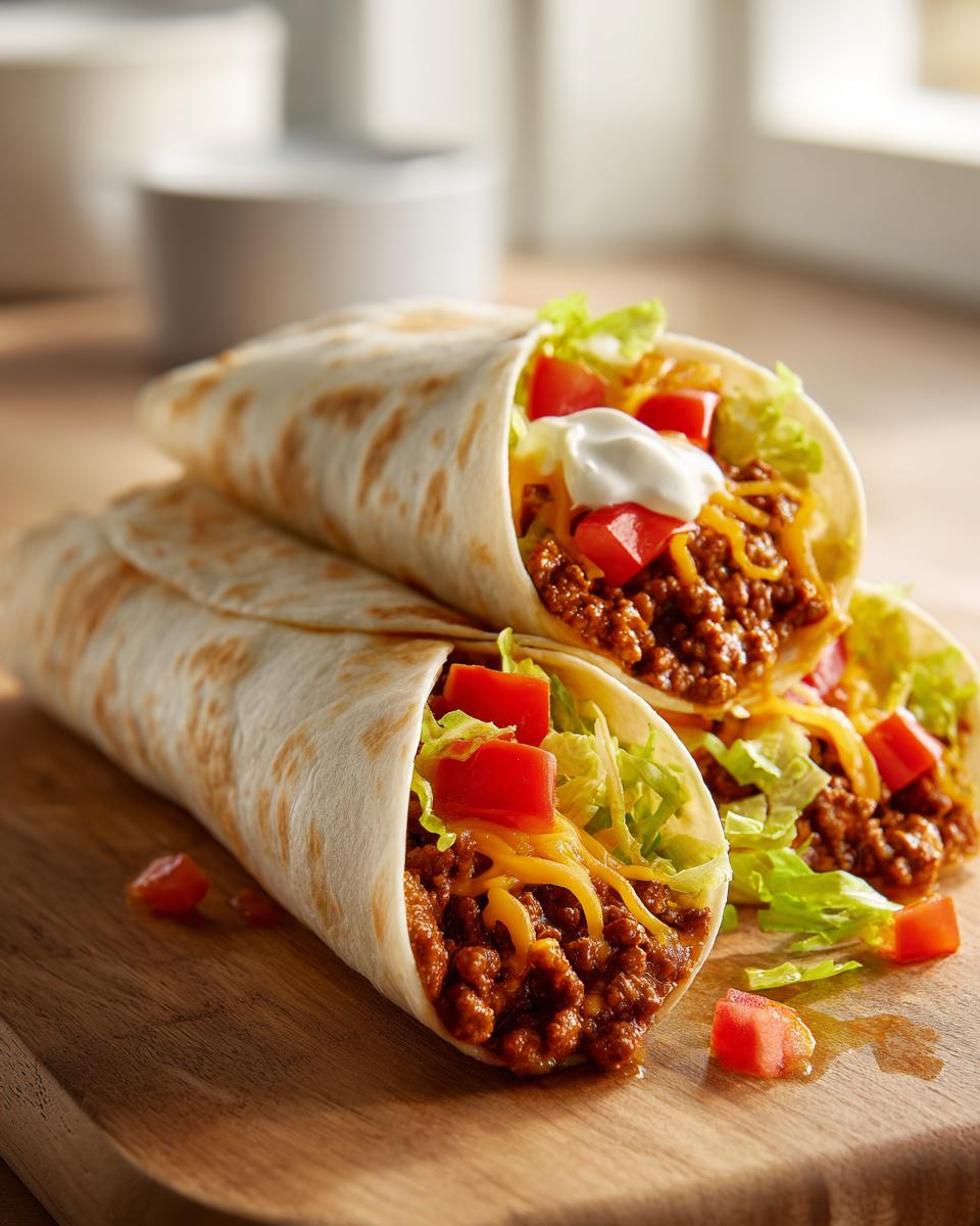 Zwei gefüllte Tortillas mit Hackfleisch, Salat, Käse und saurer Sahne auf einem Holzbrett. Tortilla mit Hackfleisch.