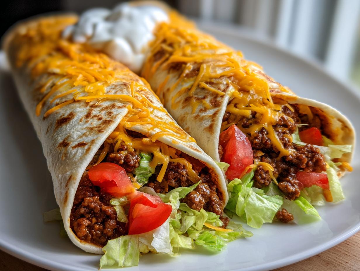 Zwei gefüllte Tortillas mit Hackfleisch, Salat, Tomaten, Käse und einem Klecks saurer Sahne. Tortilla mit Hackfleisch schmeckt so lecker.