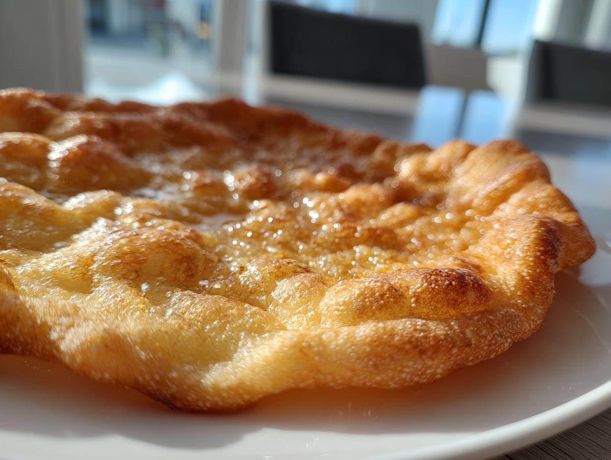 Nahaufnahme eines goldbraun frittierten Ungarische Langos mit Knoblauch, glänzend von Öl oder Butter.