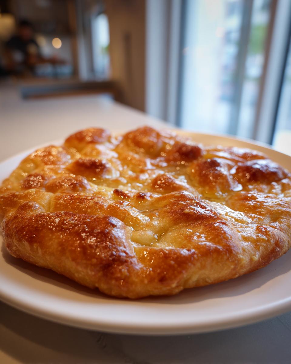 Nahaufnahme eines goldbraunen, frittierten Ungarische Langos mit Knoblauch, glänzend von Öl und Knoblauchbutter auf einem weißen Teller.