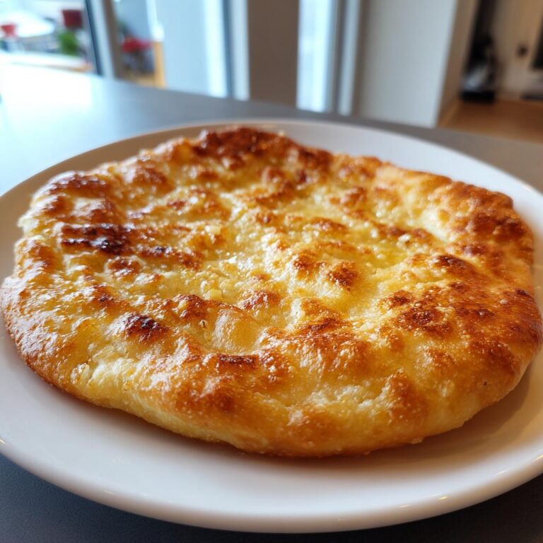 Nahaufnahme eines goldbraun gebackenen Ungarische Langos mit Knoblauch auf einem weißen Teller.
