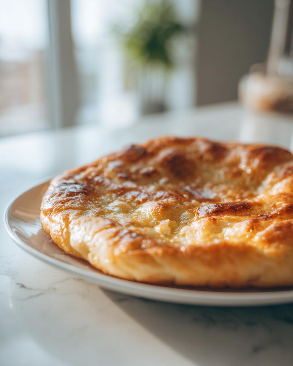 Nahaufnahme einer frisch frittierten, goldbraunen Ungarische Langos mit Knoblauch auf einem weißen Teller.