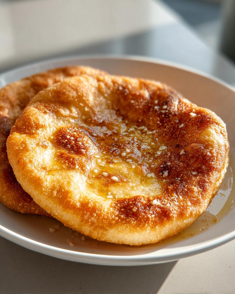 Zwei goldbraun frittierte Ungarische Langos mit Knoblauch und Öl auf einem weißen Teller.