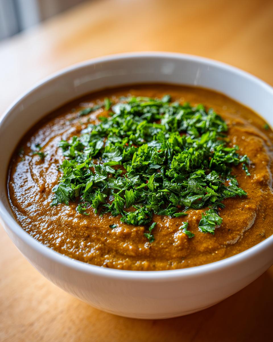 Nahaufnahme einer cremigen Ungarische Pilzsuppe, garniert mit viel frischer, gehackter Petersilie.