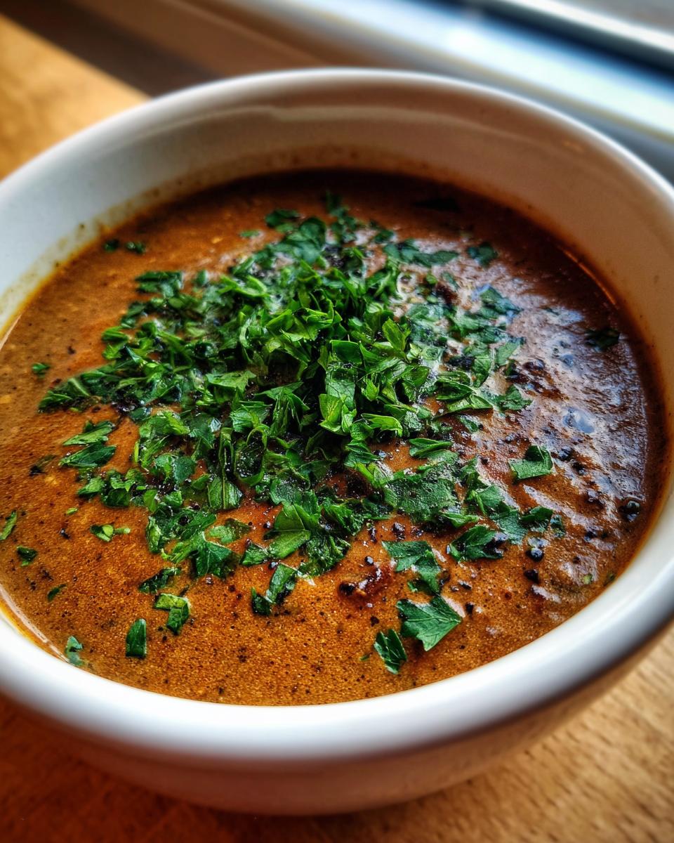 Nahaufnahme einer cremigen Ungarische Pilzsuppe in einer weißen Schüssel, garniert mit viel frischer, gehackter Petersilie.