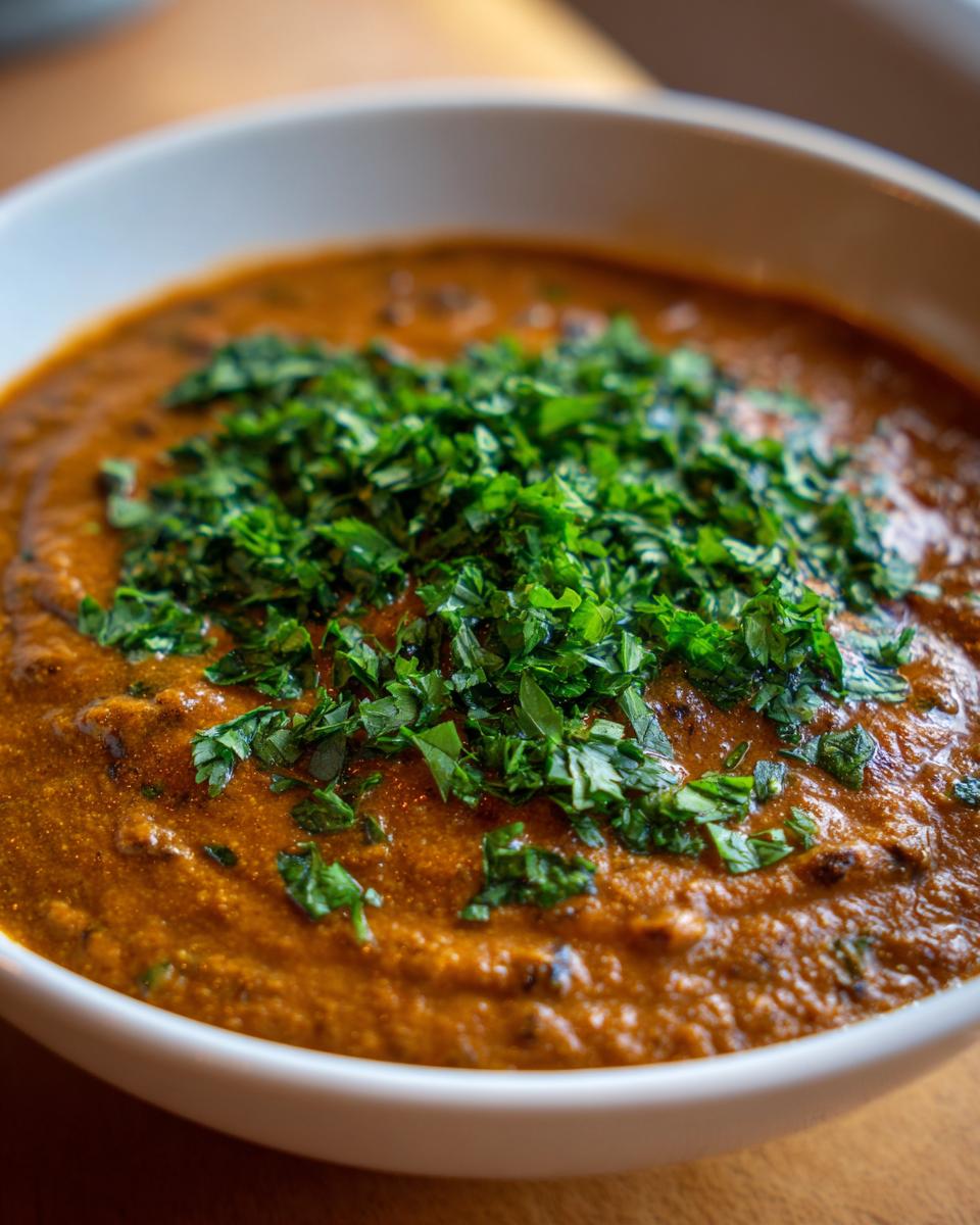 Nahaufnahme einer cremigen, orange-braunen Ungarische Pilzsuppe, reichlich garniert mit frischer, gehackter Petersilie.