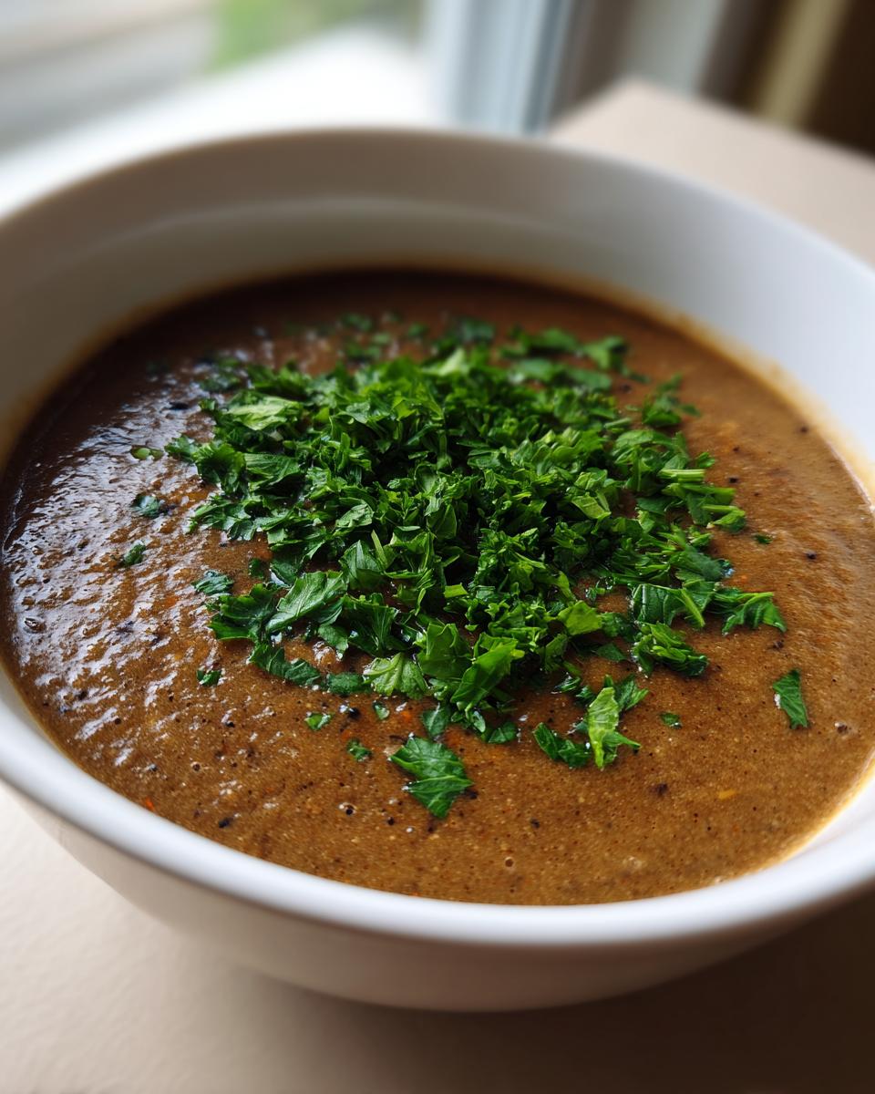 Nahaufnahme einer cremigen Ungarische Pilzsuppe mit viel frischer, gehackter Petersilie obenauf.