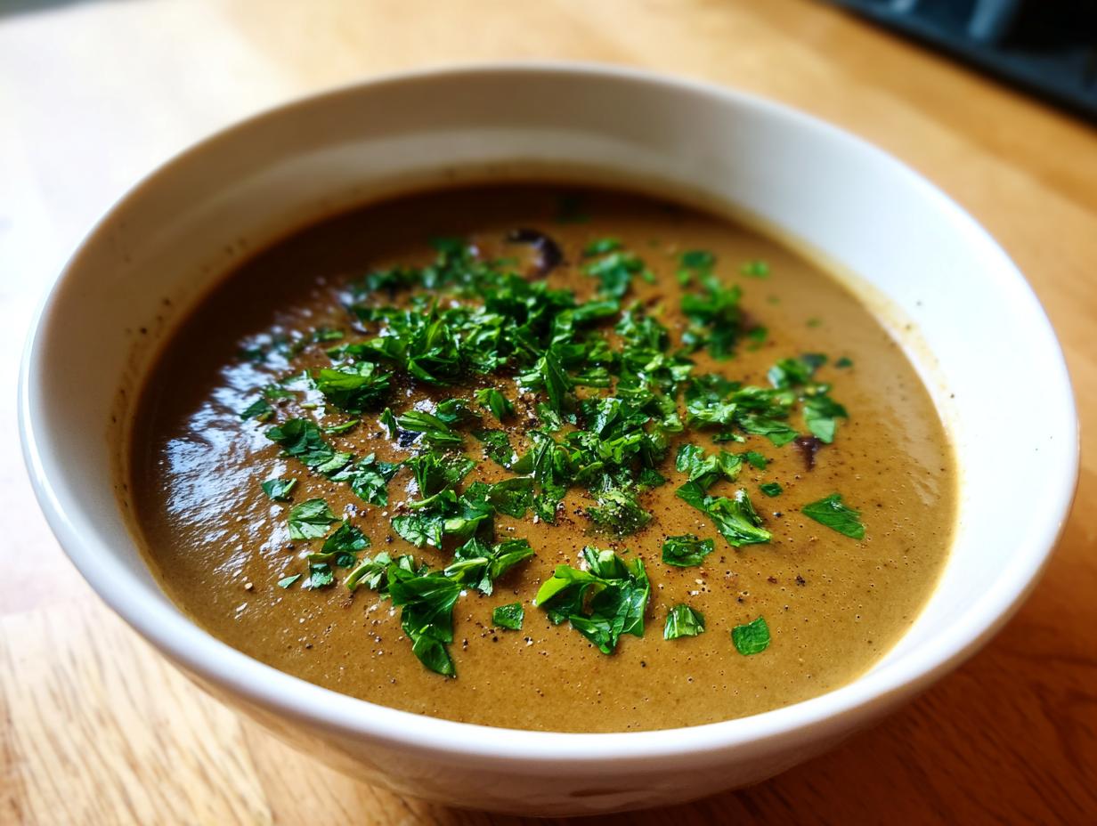 Eine cremige Ungarische Pilzsuppe in einer weißen Schüssel, garniert mit frischer, gehackter Petersilie.