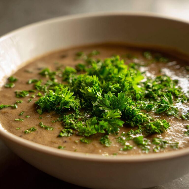 Nahaufnahme einer cremigen Ungarische Pilzsuppe, garniert mit viel frischer, gehackter Petersilie in einer hellen Schüssel.