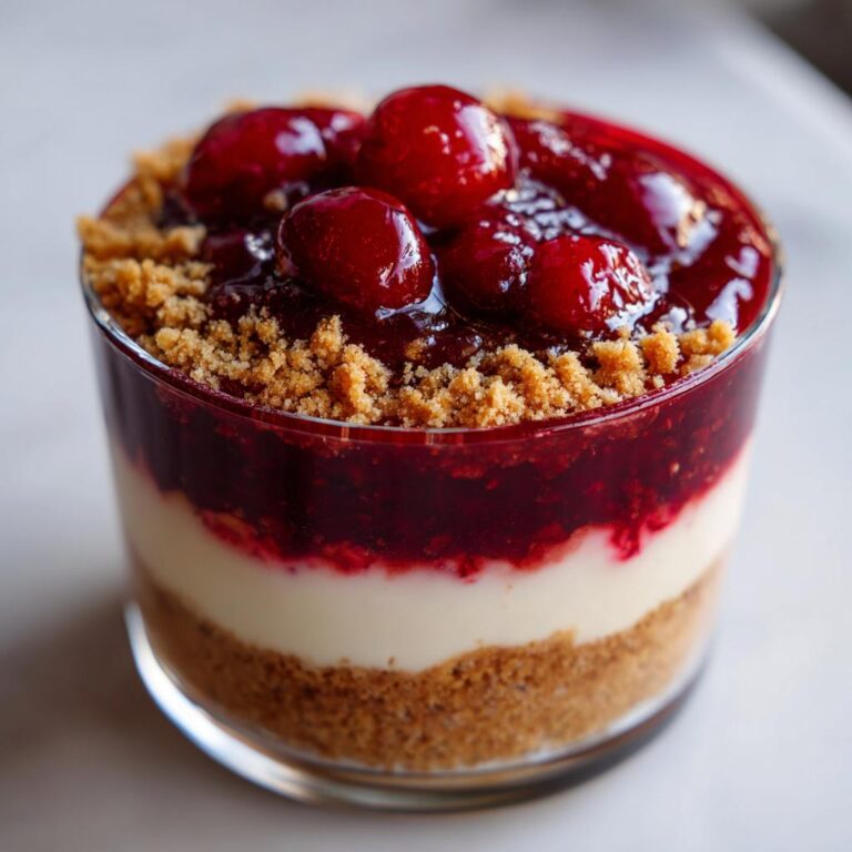 Close-up of a layered Vanillekipferl Kirsch Dessert in a glass with cherry topping.