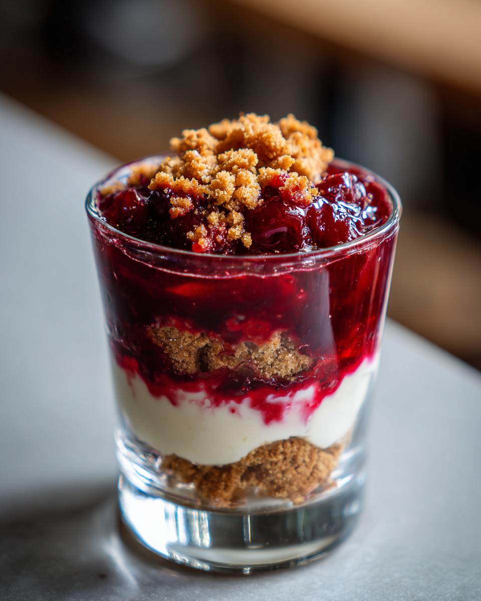 Close-up of a layered Vanillekipferl Kirsch Dessert in a glass with cream, cherries, and crumble.