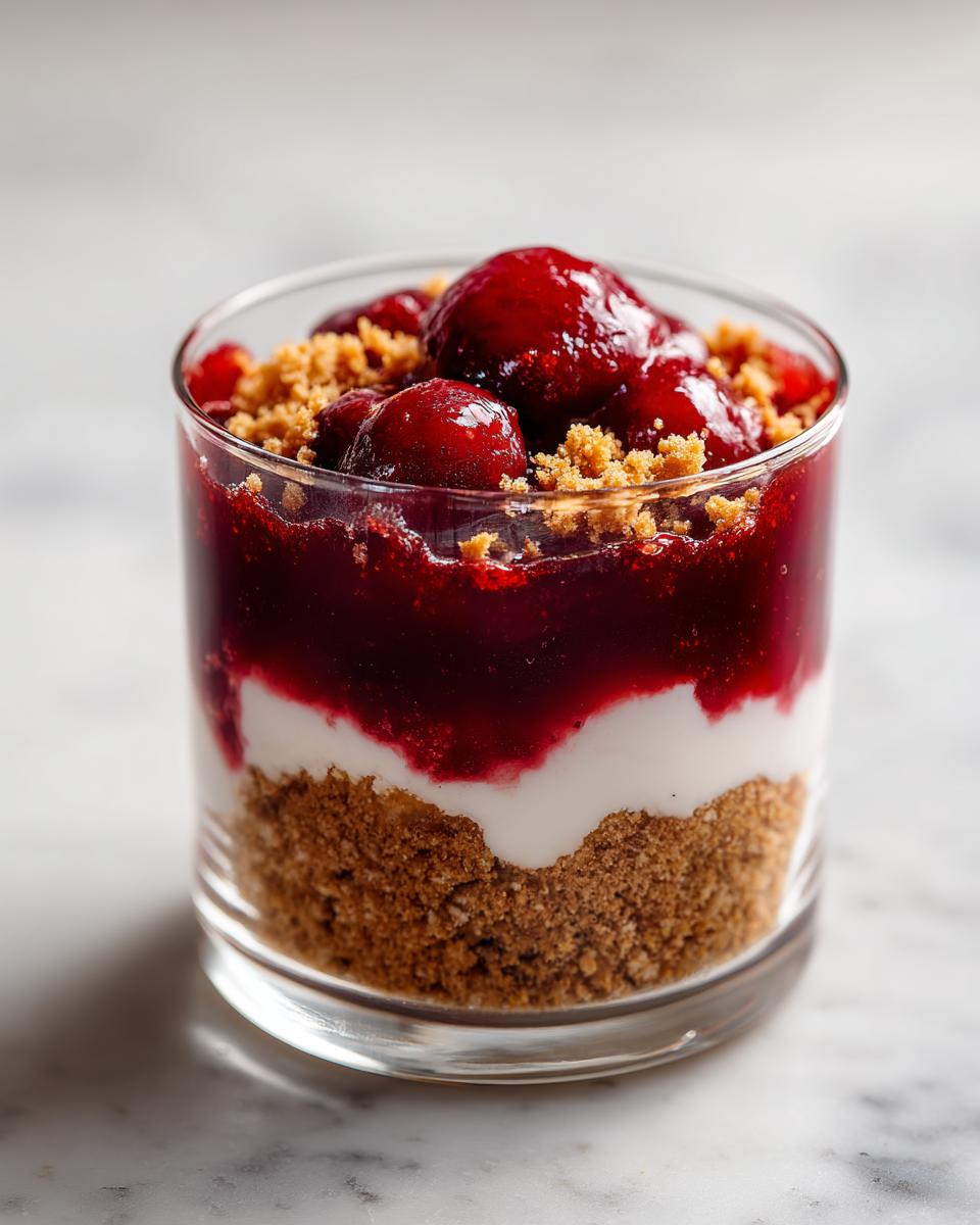 Layered Vanillekipferl Kirsch Dessert in a glass featuring cookie crumbs, cream, and sour cherries.