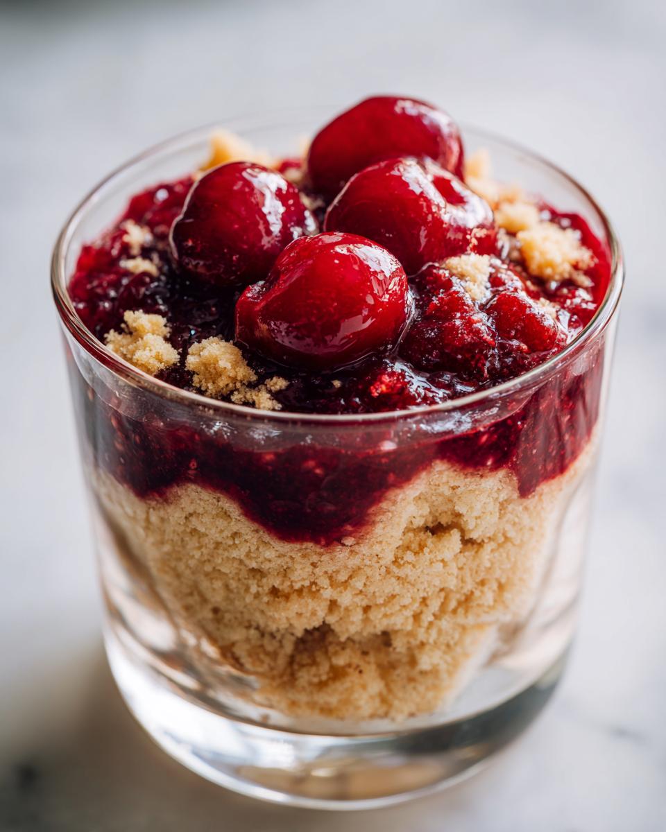 Close-up of a layered Vanillekipferl Kirsch Dessert in a glass with cherry topping.