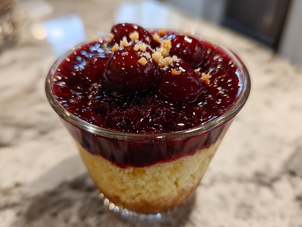 Close-up of a layered Vanillekipferl Kirsch Dessert served in a glass with cherry topping.