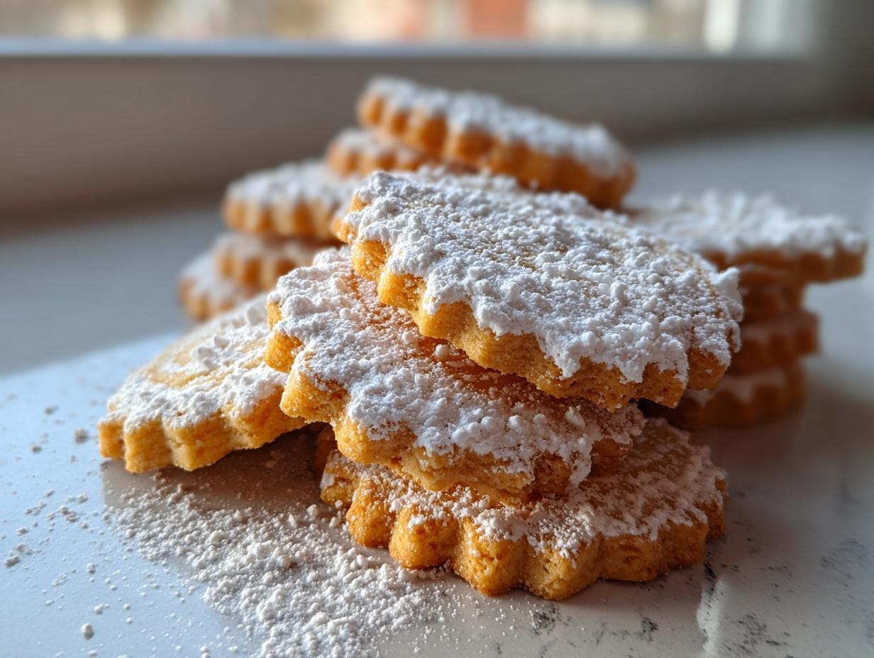 Nahaufnahme von gestapelten, gezackten Wiener Plätzchen, großzügig mit Puderzucker bestäubt.