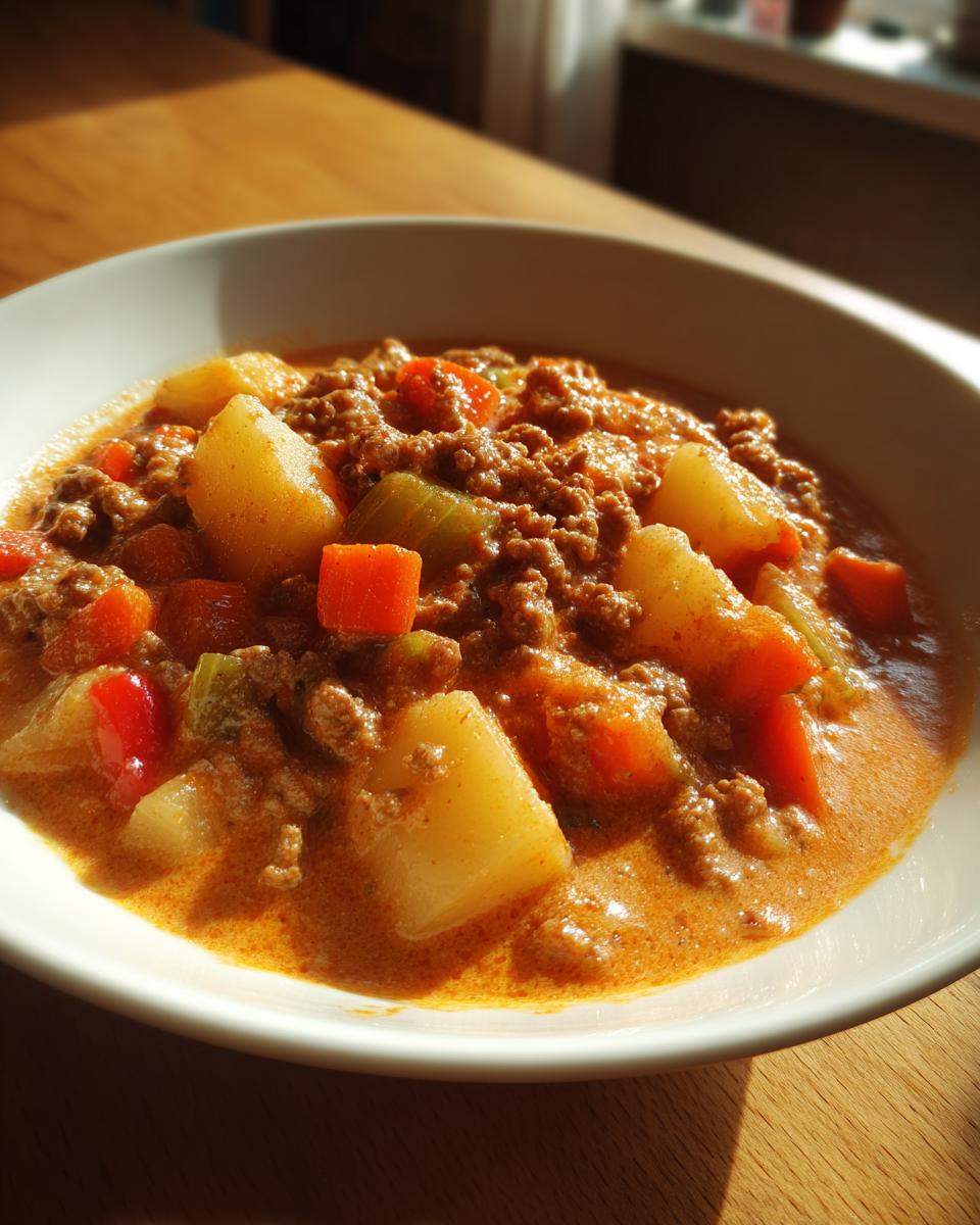 Nahaufnahme von Wikingertopf einfach selber machen: Ein cremiger Eintopf mit Hackfleisch, Kartoffeln und Gemüse in einer weißen Schüssel.