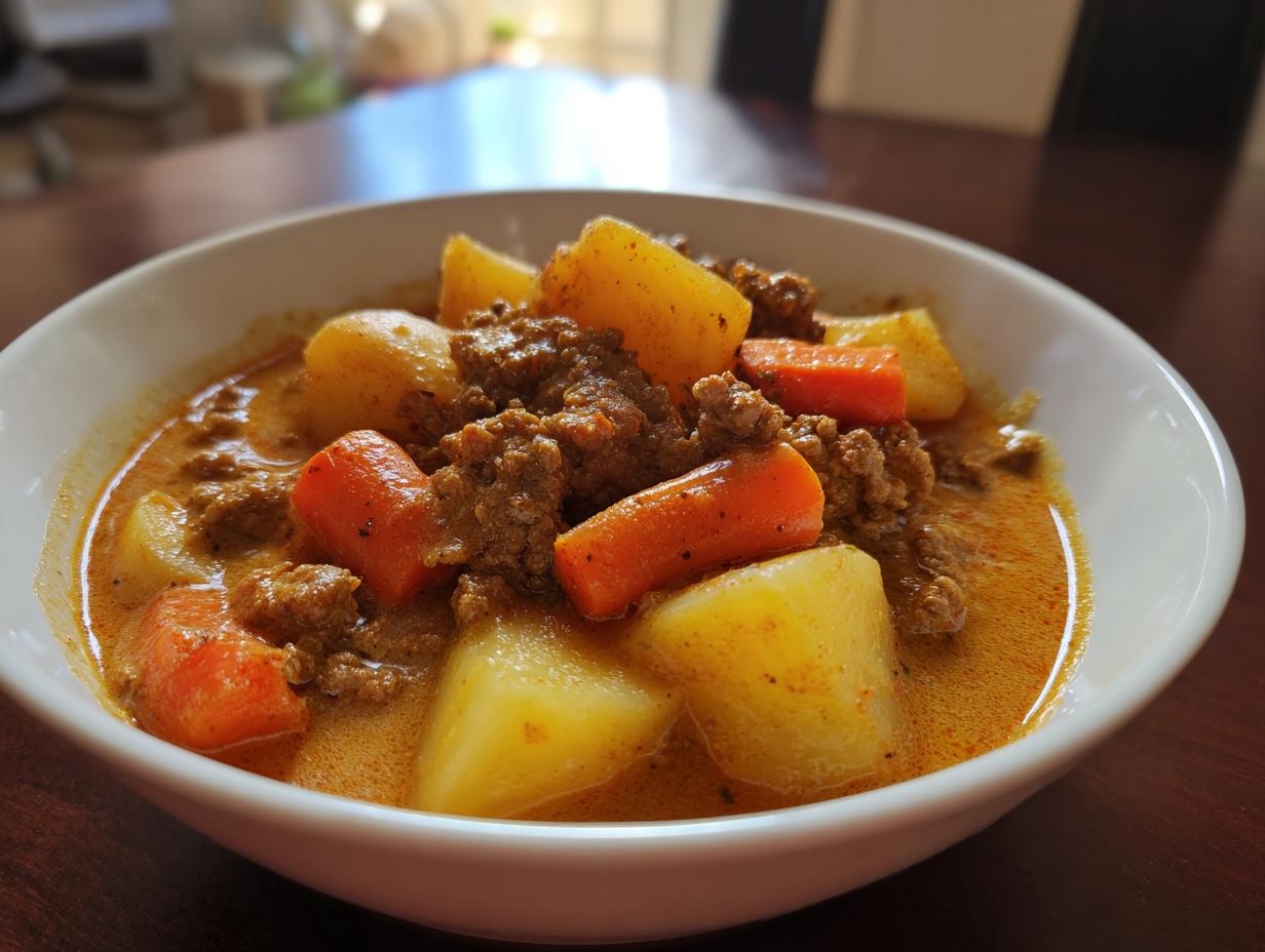 Nahaufnahme eines weißen Tellers mit Wikingertopf einfach selber machen, gefüllt mit Kartoffeln, Karotten und Hackfleisch in cremiger Sauce.