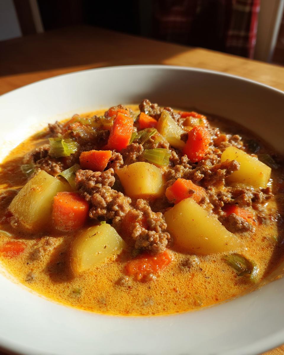 Nahaufnahme eines cremigen Wikingertopf einfach selber machen mit Hackfleisch, Kartoffeln und Karotten.