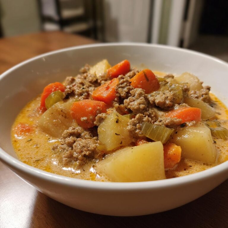 Nahaufnahme eines weißen Tellers mit Wikingertopf einfach selber machen, gefüllt mit Hackfleisch, Kartoffeln und Karotten in cremiger Soße.