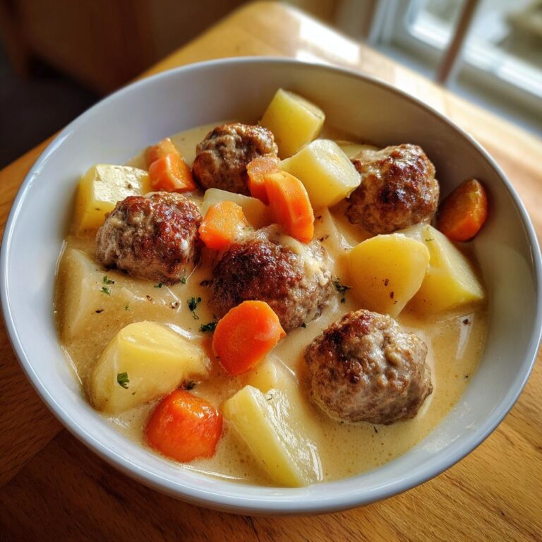 Eine Schüssel Wikingertopf mit Hackbällchen und Kartoffeln in einer cremigen Soße, garniert mit Karottenstücken.