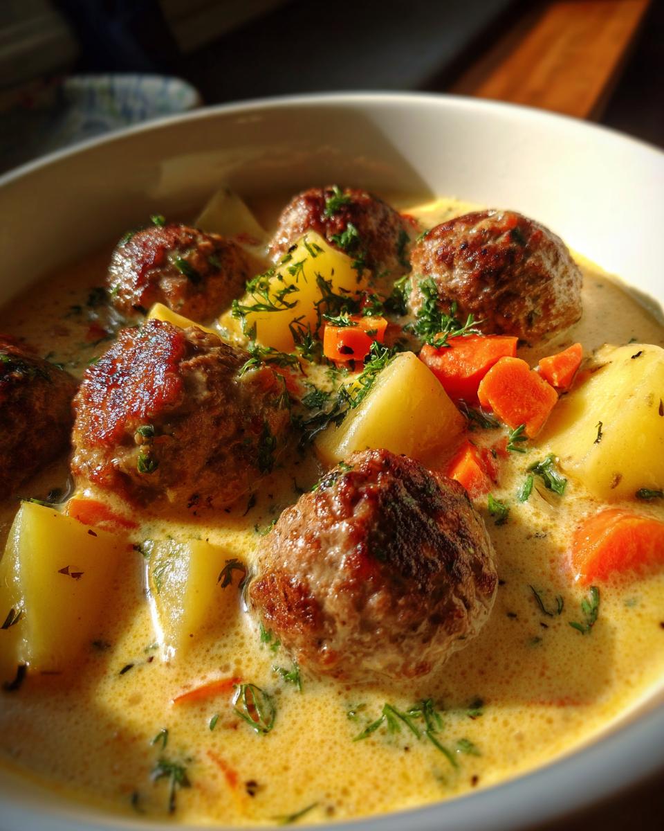 Nahaufnahme des Wikingertopf mit Hackbällchen und Kartoffeln in einer cremigen, gelblichen Sauce, garniert mit frischer Petersilie.