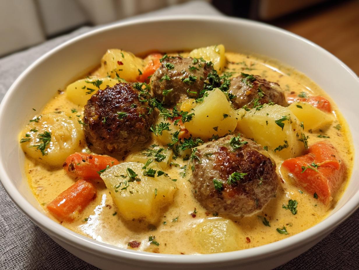 Nahaufnahme des cremigen Wikingertopf mit Hackbällchen und Kartoffeln, garniert mit Petersilie.