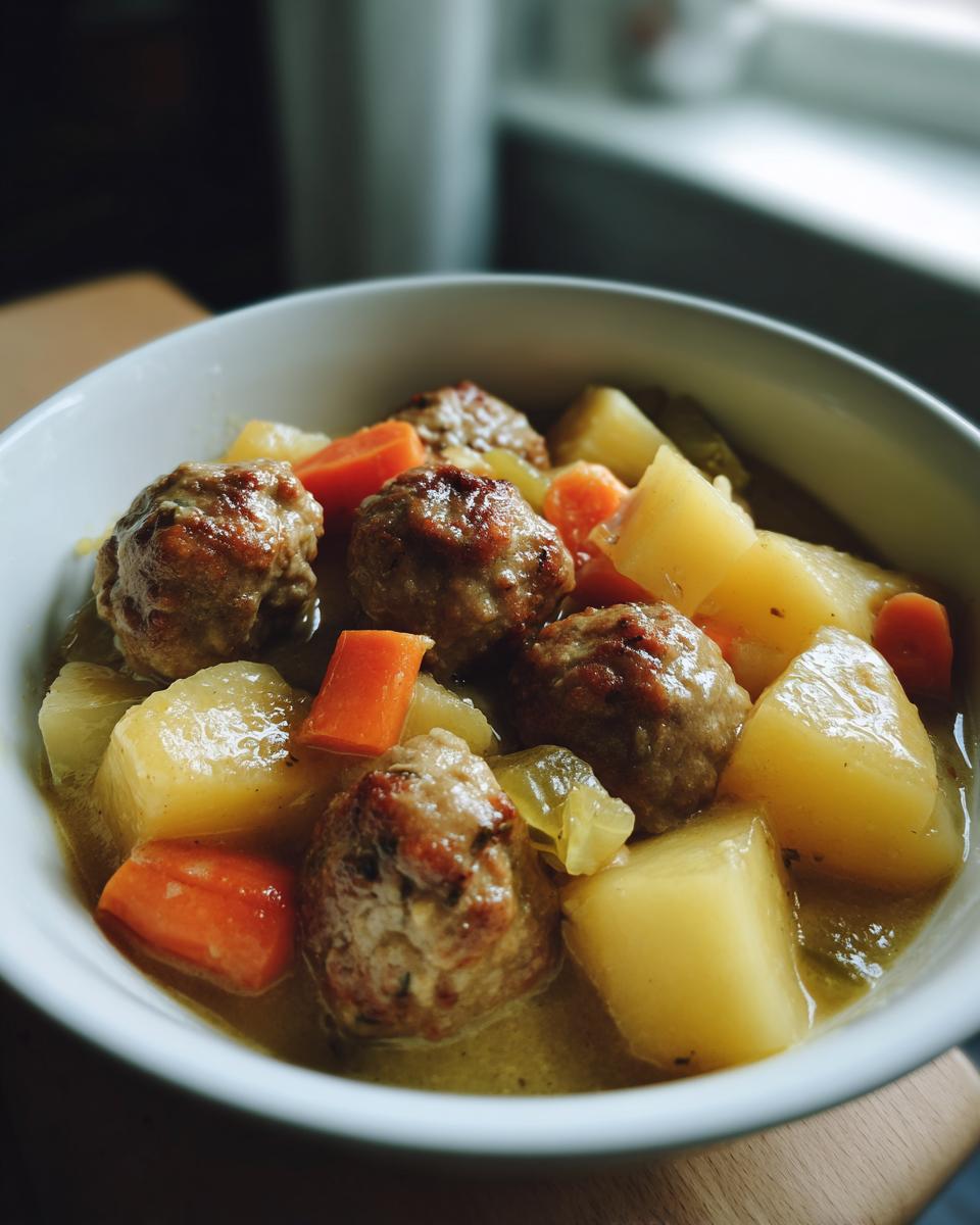 Nahaufnahme einer Schüssel mit Wikingertopf mit Hackbällchen und Kartoffeln, Karotten und Brühe.