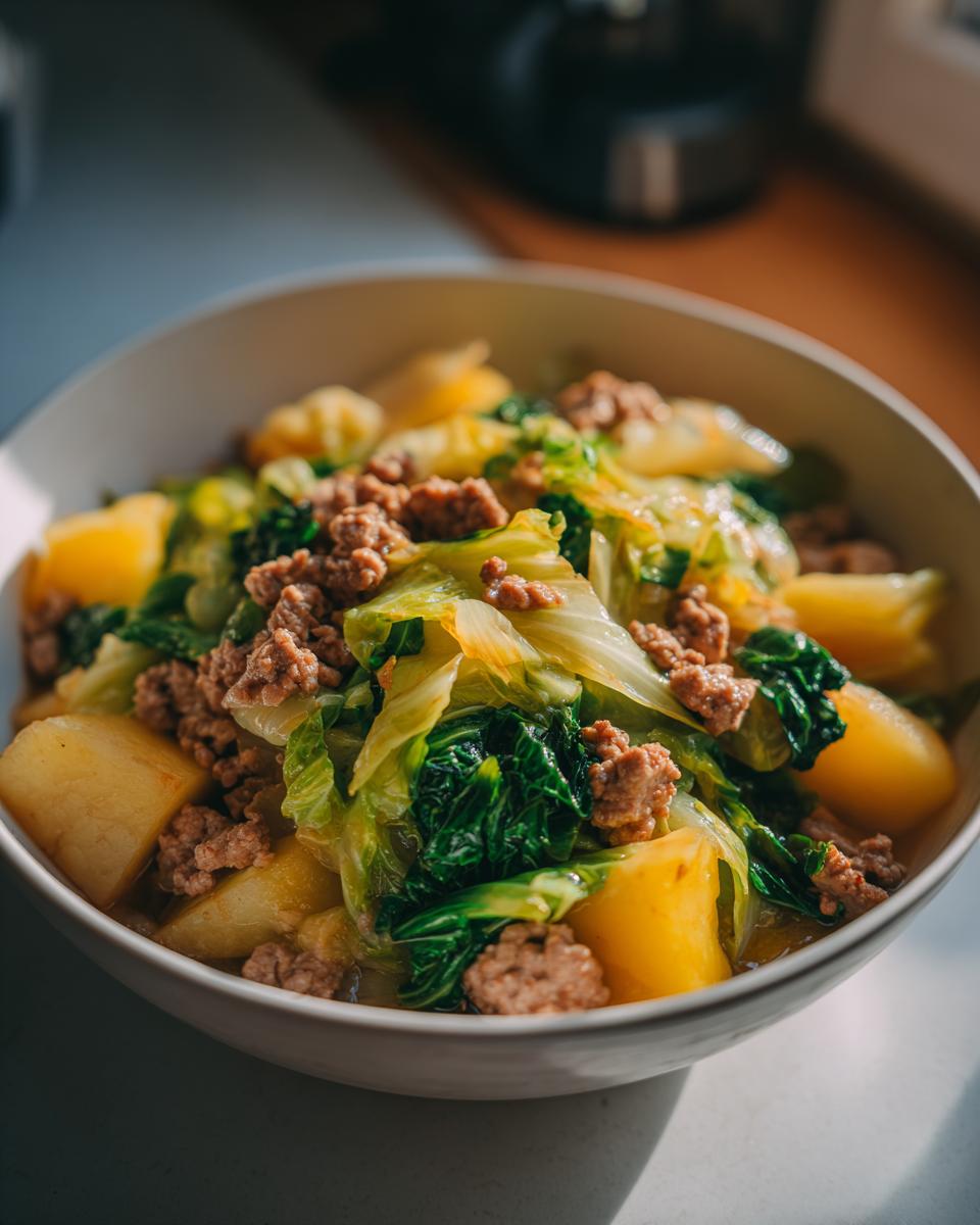 Nahaufnahme eines Wirsingeintopf mit Kartoffeln und Hackfleisch in einer weißen Schüssel.
