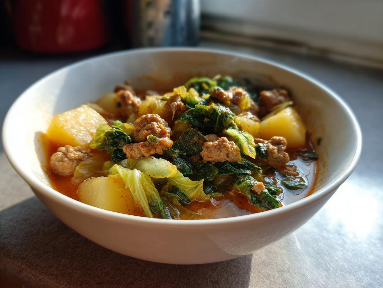 Nahaufnahme eines Wirsingeintopf mit Kartoffeln und Hackfleisch in einer weißen Schüssel, servierfertig.