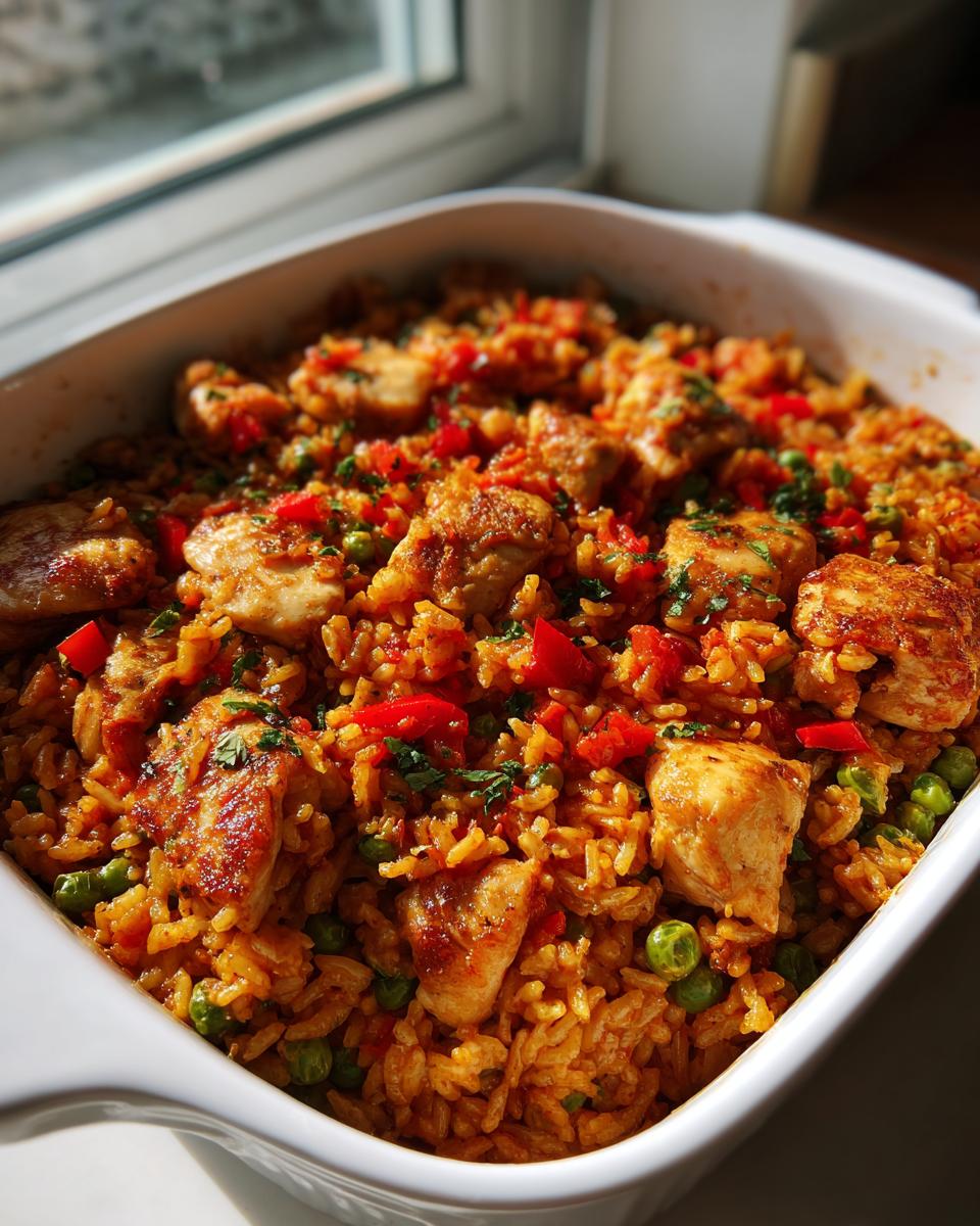 Nahaufnahme von würzigem Ofenreis mit Hähnchen, Erbsen und roten Paprikastücken in einer weißen Auflaufform.