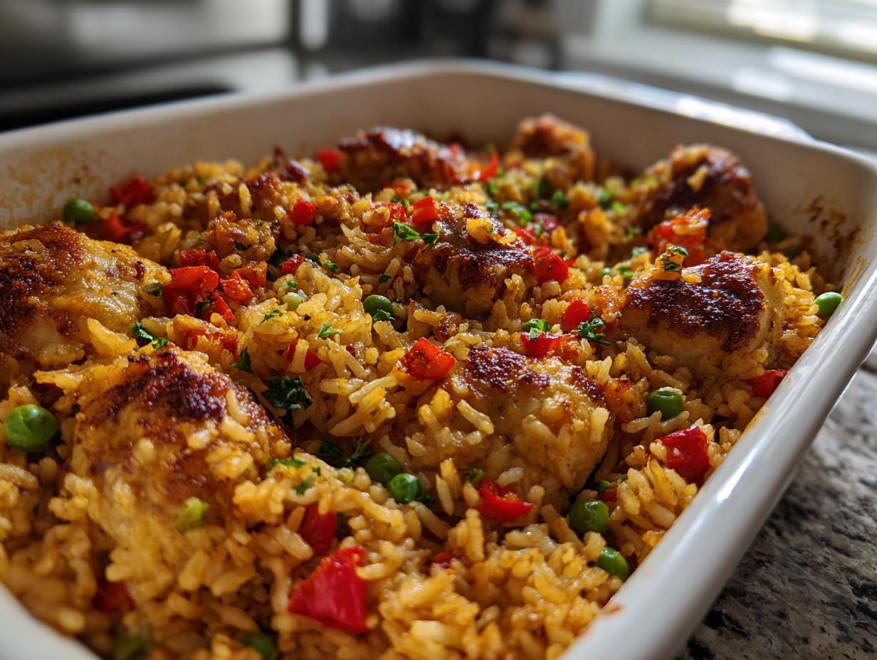 Nahaufnahme von Würziger Ofenreis mit Hähnchen, Erbsen und Paprika in einer weißen Auflaufform.