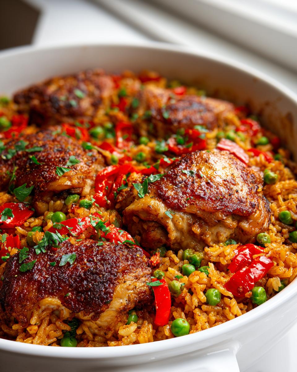 Nahaufnahme von Würziger Ofenreis mit Hähnchenkeulen, roten Paprikastreifen und Erbsen in einer weißen Auflaufform.