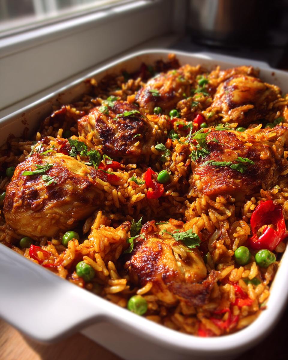 Fertiger Würziger Ofenreis mit Hähnchen, Erbsen und Paprika in einer weißen Auflaufform.